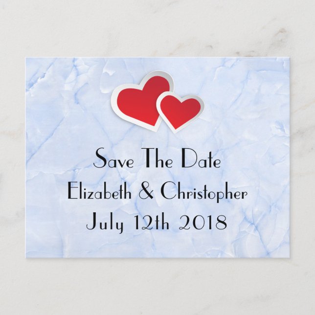 2 Red Hearts on Icy Blue Marble  Save The Date Announcement Postcard (Front)