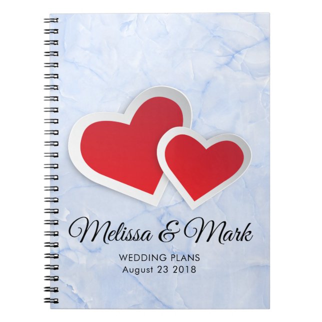2 Red Hearts on Icy Blue Marble Wedding Plans Spiral Notebook (Front)