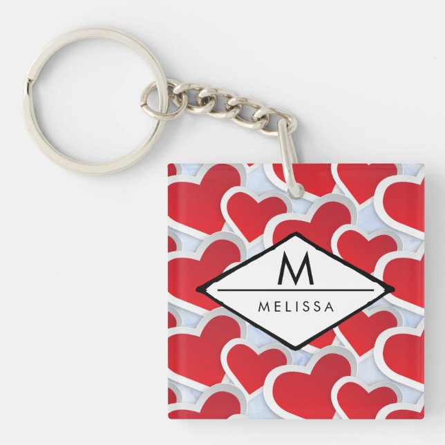 2 Red Hearts Repeating Pattern Cute Custom Key Ring (Front)