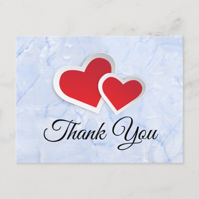2 Red Paper Hearts on Icy Blue Marble Thank You Postcard (Front)
