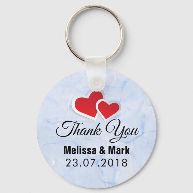 2 Red Paper Hearts on Icy Blue Marble Wedding Key Ring (Front)