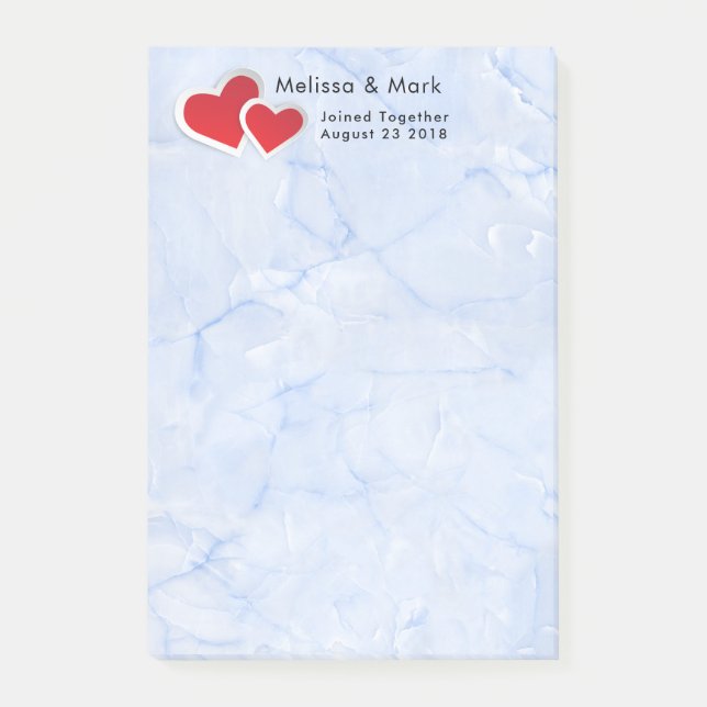 2 Red Paper Hearts on Icy Blue Marble Wedding Post-it Notes (Front)