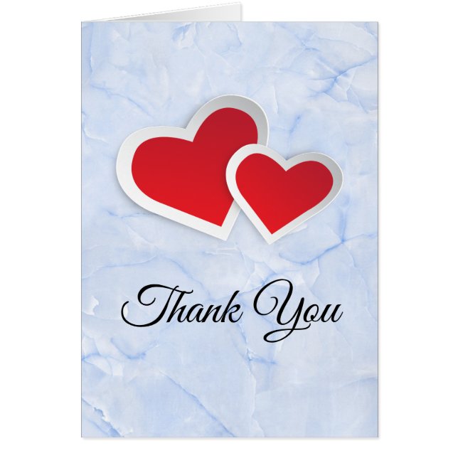 2 Red Paper Hearts on Light Blue Marble Thank You (Front)