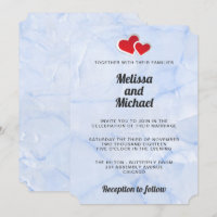 2 Red Paper Hearts on Light Blue Marble Wedding