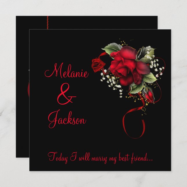 #2 Red Roses Ribbon Babys Breath Wedding Invitation (Front/Back)