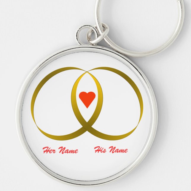 2 rings & heart, Her Name, His Name Key Ring (Front)