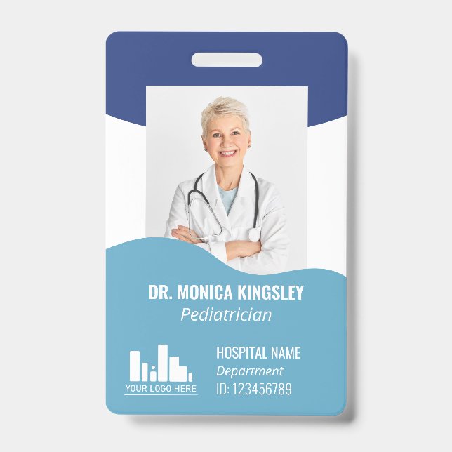 2 Shades of Blue Waves Logo & Photo Employee ID Badge (Front)