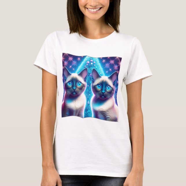 2 Siamese Kittens Posing In With Christmas Tree T-Shirt (Front)