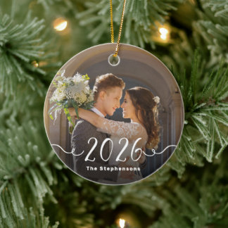 2-Sided 2026 Elegant Script Overlay Double Photo Ceramic Tree Decoration