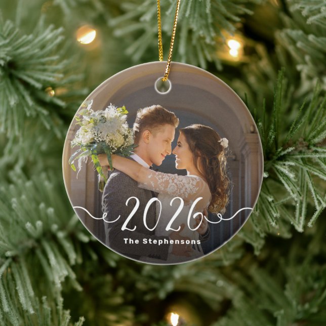 2-Sided 2026 Elegant Script Overlay Double Photo Ceramic Tree Decoration (Tree)