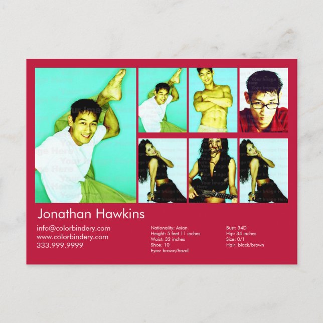 2-Sided Actor & Model Red Headshot Comp Postcard (Front)