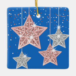 2-sided Bright Christmas Quote Hanging Stars Blue  Ceramic Ornament