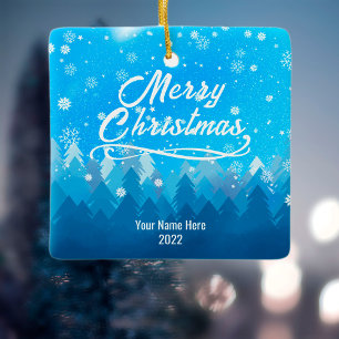 2-sided Custom Blue Snow & Forest Merry Christmas Ceramic Ornament