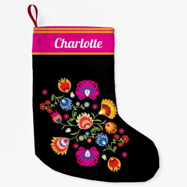 2 sided Polish folklore with pink flowers Small Ch Christmas Stocking (Front)