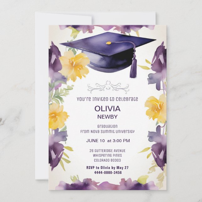 2 sided Watercolor Graduation party invitation (Front)