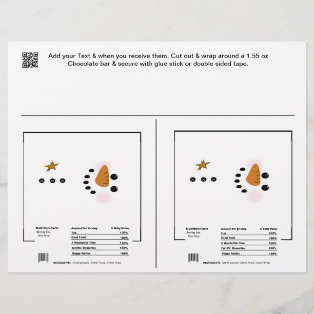 2 Snowman Holiday Candy Bar Wrappers Party Favours (Front)