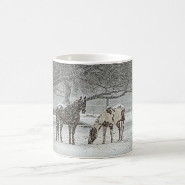 2 Snowy Horses Standing Under a Tree in Winter Coffee Mug (Center)
