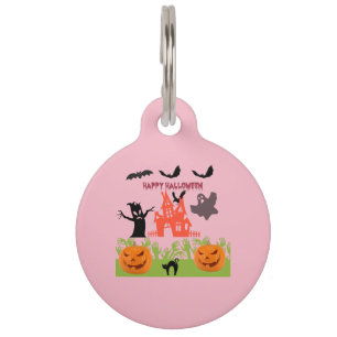 2 Spooky Pumpkins, Curved Black Cat Bats dancing Pet Tag