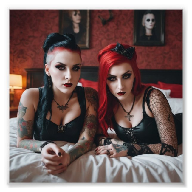 2 Tattoo Goth Girls Lying on Bed Photo Print (Front)