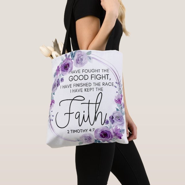 2 Timothy 4:7 I have kept the faith Purple Floral Tote Bag (Close Up)