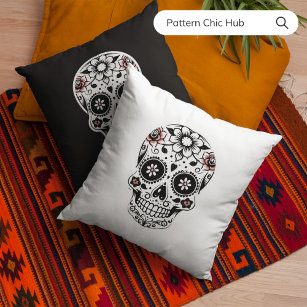 2-Tone Black and White Sugar Skull Modern  Cushion