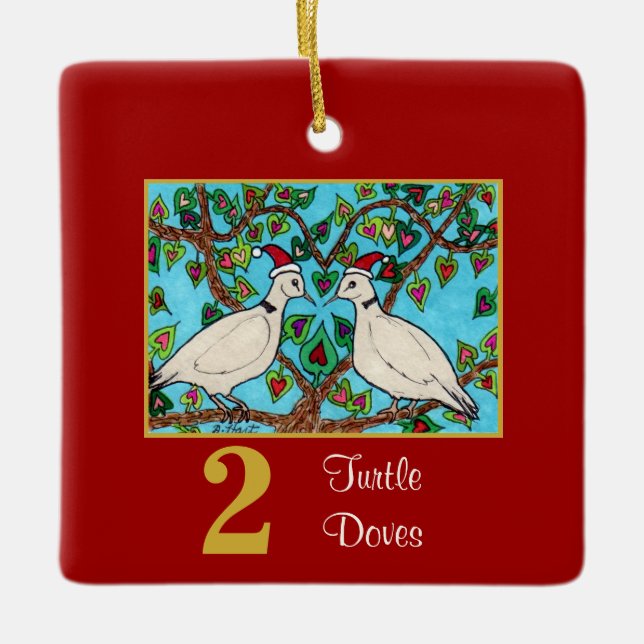 2 Turtle Doves Cute Birds & Typography Love Ceramic Ornament (Front)