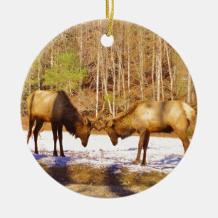 2~ two Bull Elk in the snow Ceramic Tree Decoration