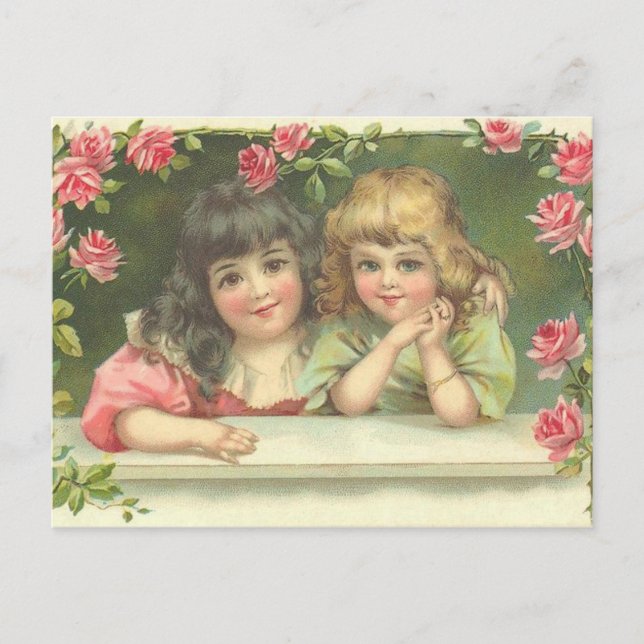 2 Victorian Girls Pink Roses Vintage Postcard (Front)