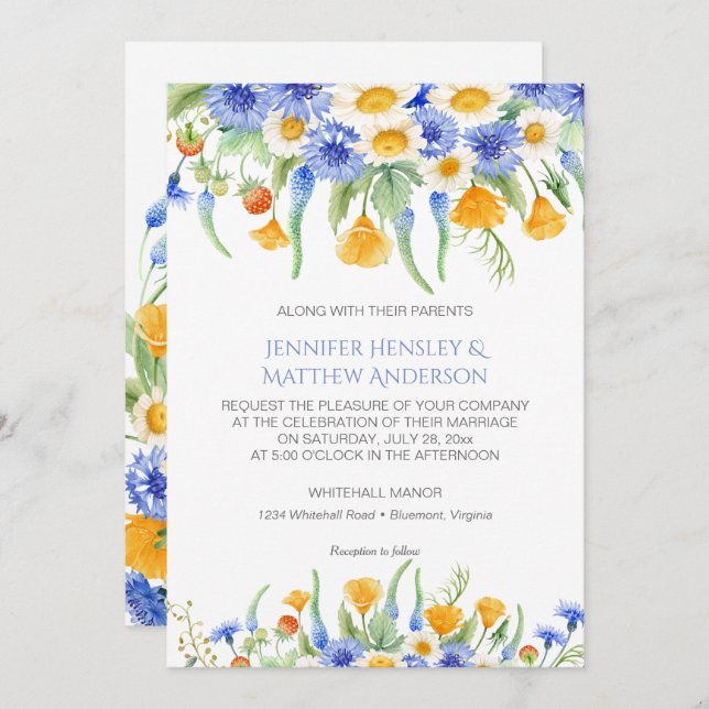 #2 Watercolor Blue Yellow Wildflowers Invitations (Front/Back)