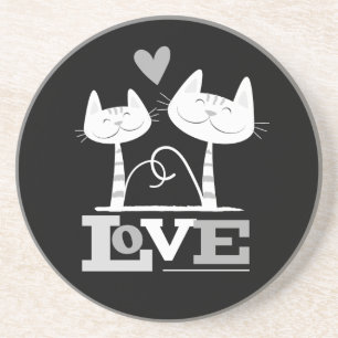 2 White Cats in Love (b&w) Sandstone Coaster