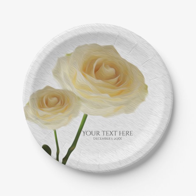 2 White Painted Roses Elegant Bridal Shower Paper Plate (Front)