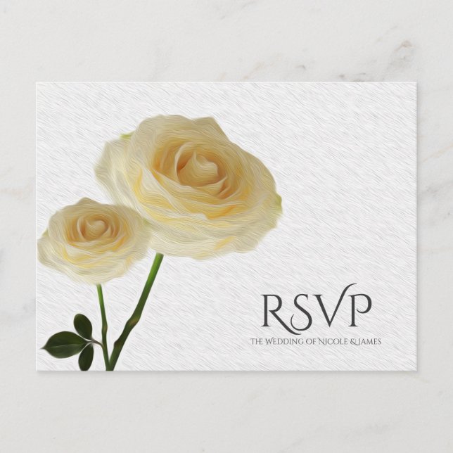 2 White Painted Roses Elegant Wedding RSVP Invitation Postcard (Front)