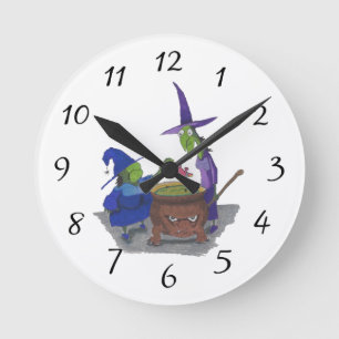 2 Witches brewing up potion in Cauldron Halloween Round Clock