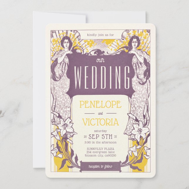 2 Women and Lilies Letterpress Style Wedding Invitation (Front)