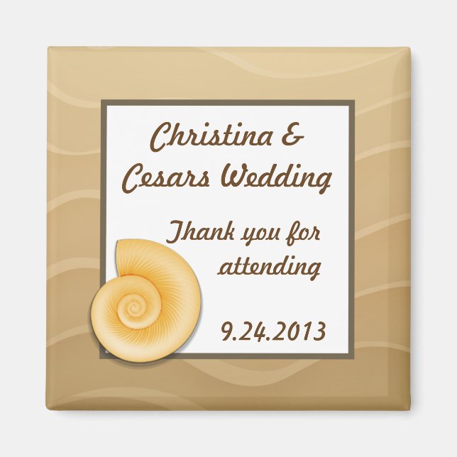 2"x2" Announcement Magnet Seashells on Sandy Beach (Front)