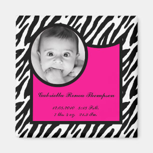 2"x2" Birth Announcement Magnet Hot Pink Zebra