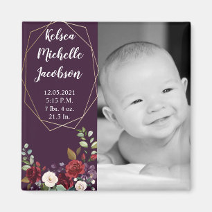 2"x2" Birth Announcement Magnet Plum Purple Roses