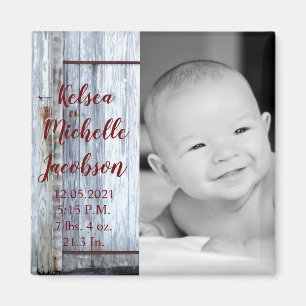 2"x2" Birth Announcement Magnet White Wash Wood Ba