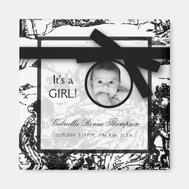 2"x2" Black White Toile Fabric Announcement Magnet (Front)