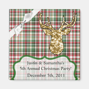 2"x2" Favour Magnet Gold Glitter Reindeer Plaid Bu