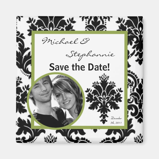 2"x2" Save the Date Magnet Black Green Damask (Front)