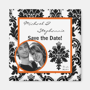 2"x2" Save the Date Magnet Black Orange Damask