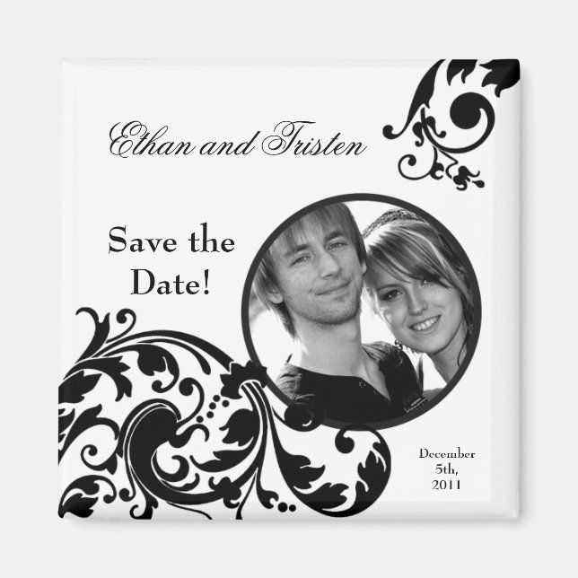 2"x2" Save the Date Magnet Black White Floral (Front)