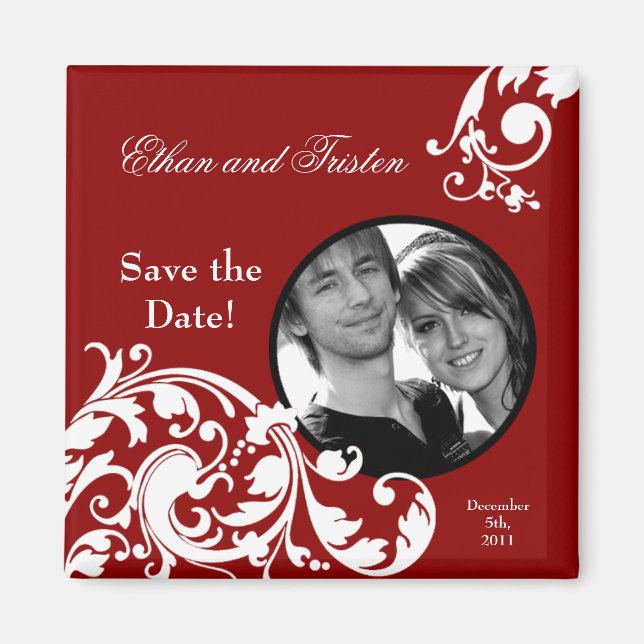 2"x2" Save the Date Magnet Crimson Red Floral (Front)