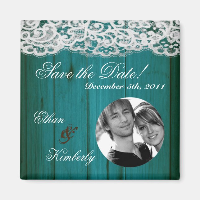 2"x2" Save the Date Magnet Distrissed Teal Wood (Front)