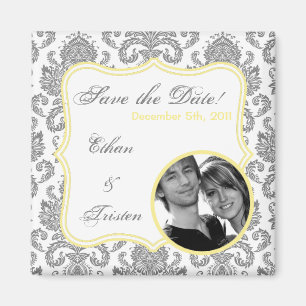 2"x2" Save the Date Magnet Grey Yellow Damask Lace