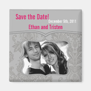 2"x2" Save the Date Magnet Modern Grey Damask Lace