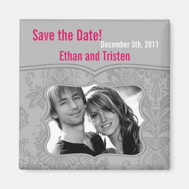 2"x2" Save the Date Magnet Modern Grey Damask Lace (Front)