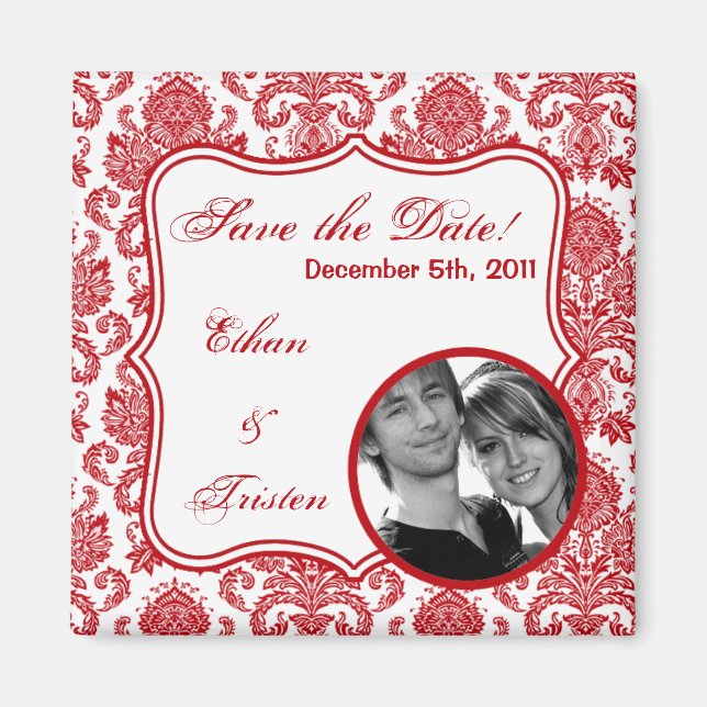 2"x2" Save the Date Magnet Red White Damask Lace (Front)