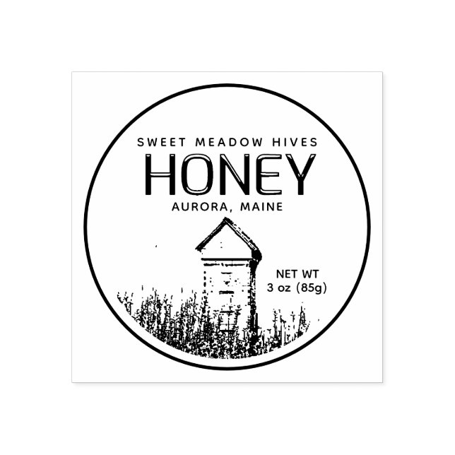 2 x 2" Honey Label Rubber Stamp Hive and Bees (Imprint)